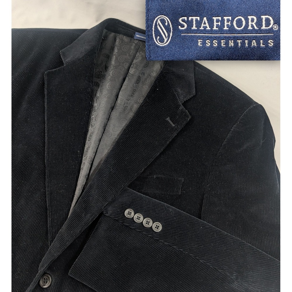 Stafford Sport Coat Blazer Lined Cotton Solid Black Corduroy 42R 44" Chest EUC